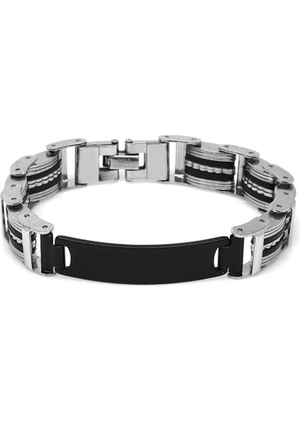 Kişiye Özel Isim Yazılı Silver-Black Renk Çelik Erkek Bileklik (Model-1)