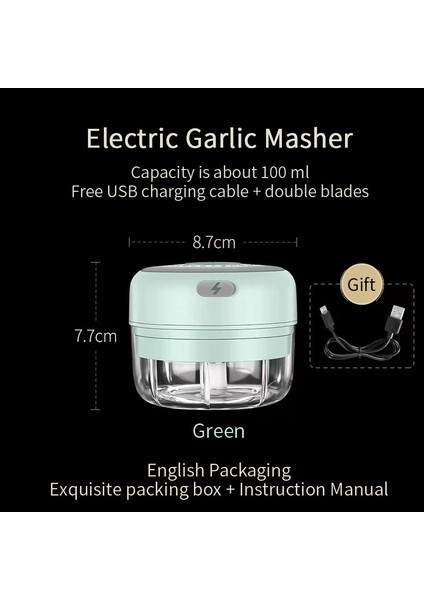 100ML Yeşil Stil Elektrikli Sarımsak Pres Kırıcı USB Şarj Ezilmiş Zencefil Ezilmiş Taze Biber Mutfak Eşyaları Için Sağlam Dayanıklı Mini Pres (Yurt Dışından)