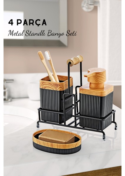 Metal Standlı Ahşap Detaylı Banyo Seti - Sıvı Sabunluk Katı Sabunluk Diş Fırçalık
