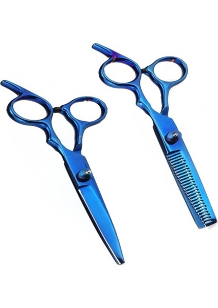 Deri Çantalı Titanium Metalik Mavi Saç Kesim Makas Seti 2'li Set Berber Kuaför Kesim XLQ503