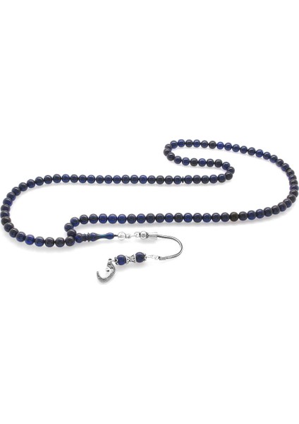 925 Ayar Gümüş Püsküllü Küre Kesim Lacivert Sıkma Kehribar 99LUK Tesbih
