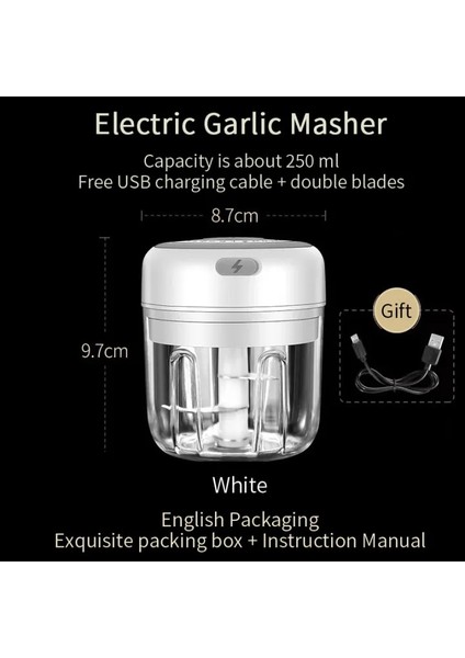 250ML Beyaz Stil Elektrikli Sarımsak Pres Kırıcı USB Şarj Ezilmiş Zencefil Ezilmiş Taze Biber Mutfak Eşyaları Için Sağlam Dayanıklı Mini Pres (Yurt Dışından)