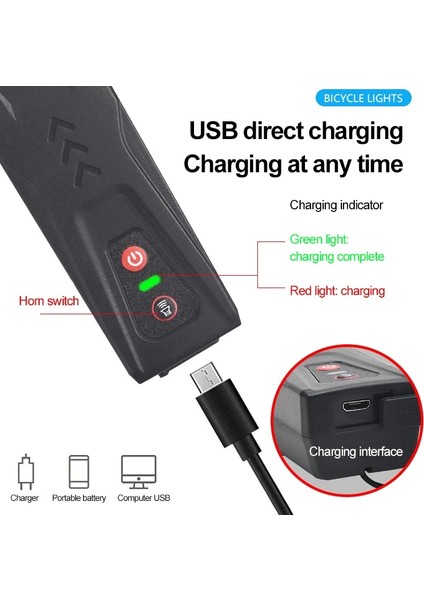 03 Kuyruk Lambası Stili Bisiklet Işık Vurgulamak Bisiklet Far USB Şarj Kablosuz Korna Dağ Bisikleti Gece Sürme Aydınlatma Korna Bisiklet Aksesuarları (Yurt Dışından)