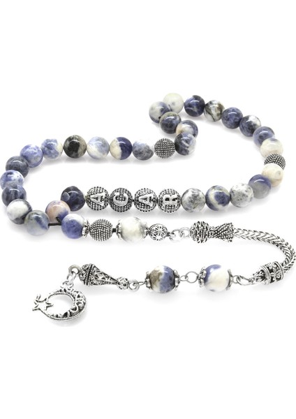 Kararmaz Metal Püsküllü Küre Kesim Kişiye Özel Isim Yazılı Sodalit Doğaltaş Tesbih