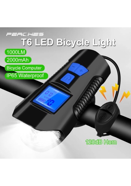 Kırmızı Pil Tarzı Su Geçirmez Bisiklet Işık USB Şarj Edilebilir Bisiklet Ön Işık El Feneri ile Bisiklet Bilgisayarı LCD Kilometre Bisiklet Kafa Işık Korna (Yurt Dışından)