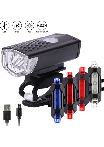 Siyah - Arka Işık Stili Bisiklet Bisiklet Işığı USB LED Şarj Edilebilir Set Dağ Döngüsü Ön Arka Far Lambası El Feneri Bisiklete Binme Güvenlik Uyarı Işığı (Yurt Dışından)