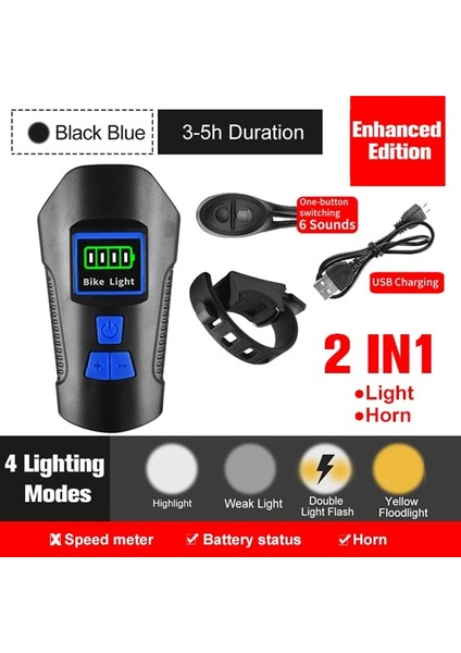Bisiklet Işık Seti B3 Stili Su Geçirmez Bisiklet Işığı USB Şarj Edilebilir Bisiklet Işığı Bisiklet Bilgisayarı ile LCD Kilometre 6 Modu Korna El Feneri Döngüsü Işığı (Yurt Dışından)