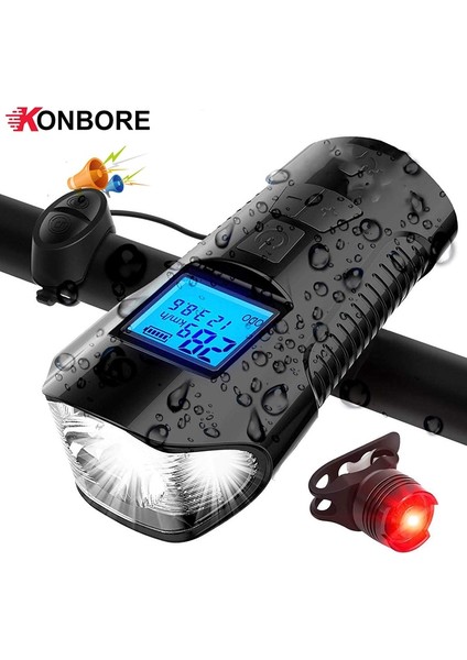 Bisiklet Işık Seti B3 Stili Su Geçirmez Bisiklet Işığı USB Şarj Edilebilir Bisiklet Işığı Bisiklet Bilgisayarı ile LCD Kilometre 6 Modu Korna El Feneri Döngüsü Işığı (Yurt Dışından)