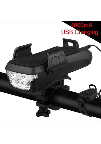 SIYAH-4000MA Tarzı Güneş Bisiklet Işık Yağmur Geçirmez LED USB Güç Cep Telefonu Tutucu Hoparlör Hepsi Bir Arada Bisiklet Far Işıkları Şarj Edilebilir (Yurt Dışından)