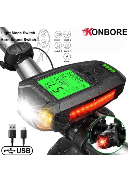 Bisiklet Bilgisayarı C Stili 5 In 1 Su Geçirmez Bisiklet Işığı USB Şarj Bisiklet Işığı Bisiklet Bilgisayarı ile LCD Kilometre Kilometre Sayacı 5 Modu Korna Bisiklet Işığı (Yurt Dışından)