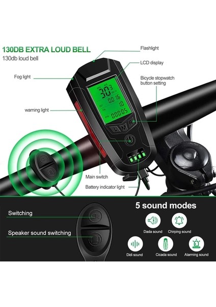 Bisiklet Bilgisayarı C Stili 5 In 1 Su Geçirmez Bisiklet Işığı USB Şarj Bisiklet Işığı Bisiklet Bilgisayarı ile LCD Kilometre Kilometre Sayacı 5 Modu Korna Bisiklet Işığı (Yurt Dışından)