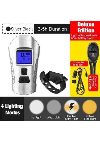 Deluxe Gümüş-Siyah Stili Bisiklet Ön Işık El Feneri Bisiklet Kilometre Bilgisayarı ile LCD Bisiklet Işık USB Şarj Edilebilir Bisiklet Kafa Işık Korna Su Geçirmez (Yurt Dışından)