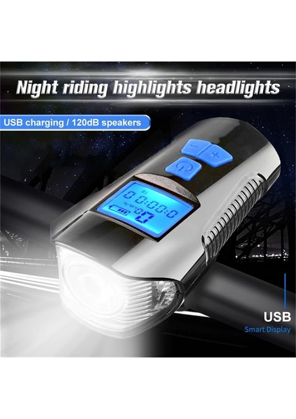 Deluxe Gümüş-Siyah Stili Bisiklet Ön Işık El Feneri Bisiklet Kilometre Bilgisayarı ile LCD Bisiklet Işık USB Şarj Edilebilir Bisiklet Kafa Işık Korna Su Geçirmez (Yurt Dışından)