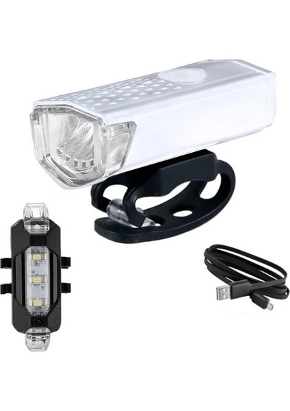 Beyaz Set Beyaz Stil USB Şarj Edilebilir Bisiklet Işık LED Dağ Bisikleti Ön Işık Arka Arka Lamba Su Geçirmez El Feneri Bisiklet Far Uyarı Lambası (Yurt Dışından)