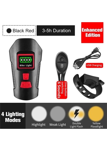 Geliştirilmiş Kırmızı Stil Bisiklet Ön Işık El Feneri Bisiklet Kilometre Bilgisayarı ile LCD Bisiklet Işık USB Şarj Edilebilir Bisiklet Kafa Işık Korna Su Geçirmez (Yurt Dışından)
