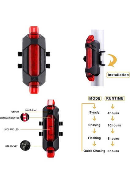 Beyaz Işık Stili USB Bisiklet Işığı LED Dağ Döngüsü Ön Arka Bisiklet Işığı Arka Lambası Su Geçirmez Bisiklet Güvenlik Uyarı Işığı Bisiklet El Feneri (Yurt Dışından)