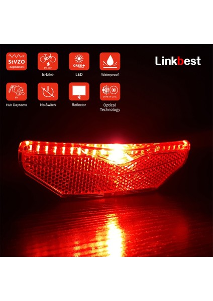 Linkbest Akıllı Arka Lamba Anahtarsız LED Bisiklet Işık Arka Işık Stvzo Onaylı Reflektör Su Geçirmez Ipx5 Hub Dinamo Ebike Lamba (Yurt Dışından)