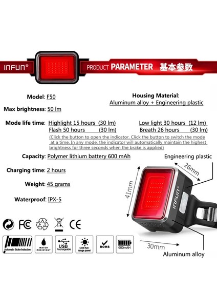 Titanyum Tarzı Infun F50 Bisiklet Arka Işık Bisiklet Için Otomatik Fren Indüksiyon Arka Lambası Bisiklet Aydınlatma Mtb Bisiklet Şarj LED Güvenlik Lambası (Yurt Dışından)