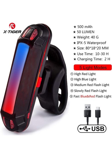 Mavi Stil X-Tiger Bisiklet Arka Işığı Su Geçirmez Arka Kuyruk Işığı LED Parlak Uyarı Işığı Ipx-5 Su Geçirmez USB Şarj Edilebilir Bisiklet Arka Lambası (Yurt Dışından)