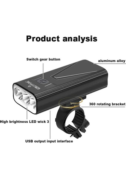 Kx3-10 Saat Stili L2T6 Bisiklet Işık USB Şarj Edilebilir Bisiklet Işıkları Ah Güç Bankası Bisiklet Mtb Lambası Far El Feneri Opsiyonel Arka Lambası (Yurt Dışından)