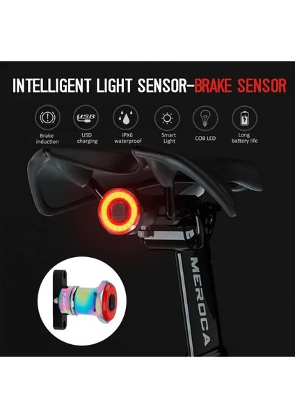 Koltuk Borusu Braketi Stili Meroca Bisiklet Arka Lambası Akıllı Sensör Fren Lambası 100LM Cob LED Bisiklet Arka Lambası USB Şarjı 500MA Derece Taşma Açısı (Yurt Dışından)