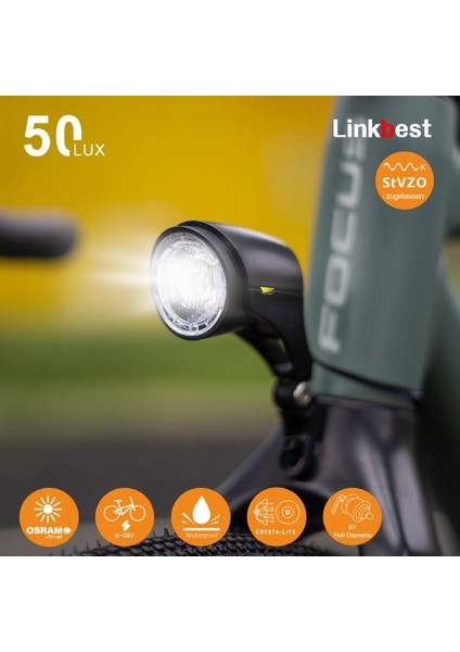 C8 M3 Stili Linkbest 50 Lux Bisiklet Ön Işık Su Geçirmez Far Arka Bisiklet Işık Osram Hub Dinamo Ebike Escooter Için LED (Yurt Dışından) fiyatları