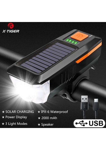 QD-0704 Stili X-Tıger Güneş Enerjisi Bisiklet Korna Işığı Bisiklet Işığı USB Şarj Edilebilir Yağmur Geçirmez Korna Çan Çok Fonksiyonlu Bisiklet Işıkları (Yurt Dışından)