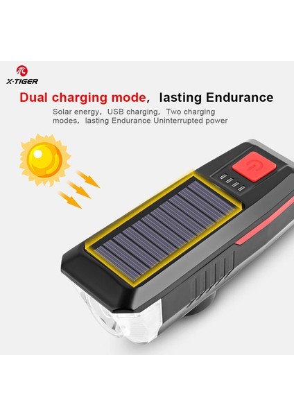 QD-0704 Stili X-Tıger Güneş Enerjisi Bisiklet Korna Işığı Bisiklet Işığı USB Şarj Edilebilir Yağmur Geçirmez Korna Çan Çok Fonksiyonlu Bisiklet Işıkları (Yurt Dışından)