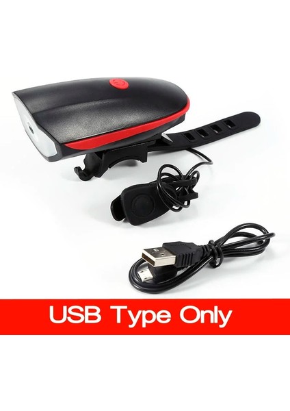 Yalnızca USB Tipi Kırmızı Stili 3 Modlu Bisiklet Ön Işık Süper Yüksek Sesli Çan Kornası USB Pil LED Far Bisiklet El Feneri Su Geçirmez Bisiklet Aksesuarları (Yurt Dışından)