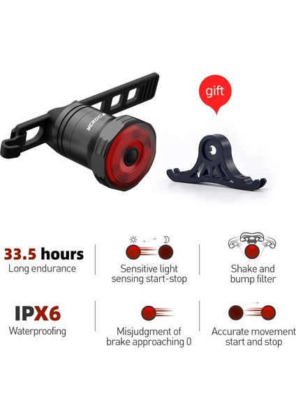 F Stilini Ayarla Meroca Akıllı Bisiklet Arka Işık Otomatik Startstop Fren Algılama Ipx6 Bisiklet Arka Lambası LED USB Şarjlı Bisiklet El Feneri (Yurt Dışından)