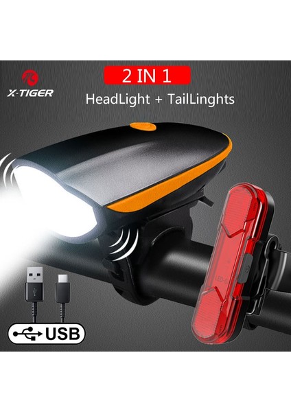 QD-0804T Stili X-Tıger Bisiklet Işık USB Şarj Ipx5 Su Geçirmez Ah Mtb Bisiklet Korna Işık LED El Feneri Bisiklet Far Kuyruk Işık Seti (Yurt Dışından)