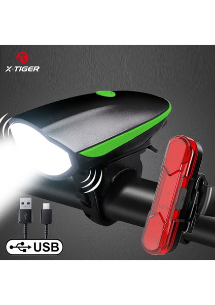 QD-0804T Stili X-Tıger Bisiklet Işık USB Şarj Ipx5 Su Geçirmez Ah Mtb Bisiklet Korna Işık LED El Feneri Bisiklet Far Kuyruk Işık Seti (Yurt Dışından)
