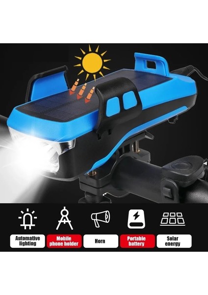 Mavi 2000MAH B Tarzı 5 In 1 LED Bisiklet Işık Ön USB Şarj Edilebilir Solar Korna Telefon Tutucu Bisiklet Lambası Ah El Feneri Bisiklet Işık Fener Için (Yurt Dışından)
