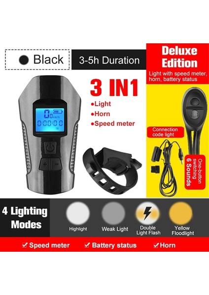 Deluxe Siyah Stil Bisiklet Bilgisayarı ile Bisiklet Işık Döngüsü Kilometre Boynuz USB Şarj Edilebilir Bisiklet Far Bisiklet Için Su Geçirmez El Feneri Torch (Yurt Dışından)