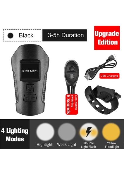 Siyah Stili Yükseltin Bisiklet Ön Işık El Feneri Bisiklet Kilometre Bilgisayarı ile LCD Bisiklet Işık USB Şarj Edilebilir Bisiklet Kafa Işık Korna Su Geçirmez (Yurt Dışından)