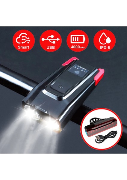 4000 Kırmızı Stil Mah Akıllı Indüksiyon Bisiklet Ön Işık Kiti USB Şarj Edilebilir LED Arka Lambası ve Bisiklet Için Boynuzlu El Feneri ile Far (Yurt Dışından) fiyatları