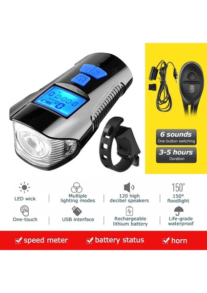 Deluxe Edition Mavi Stili Su Geçirmez Bisiklet Işık USB Şarj Bisiklet Ön Işık El Feneri Gidon Bisiklet Kafa Işık W Korna Hız Ölçer LCD Ekran (Yurt Dışından)
