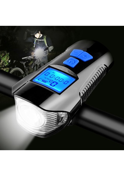 Deluxe Edition Mavi Stili Su Geçirmez Bisiklet Işık USB Şarj Bisiklet Ön Işık El Feneri Gidon Bisiklet Kafa Işık W Korna Hız Ölçer LCD Ekran (Yurt Dışından) indirimleri