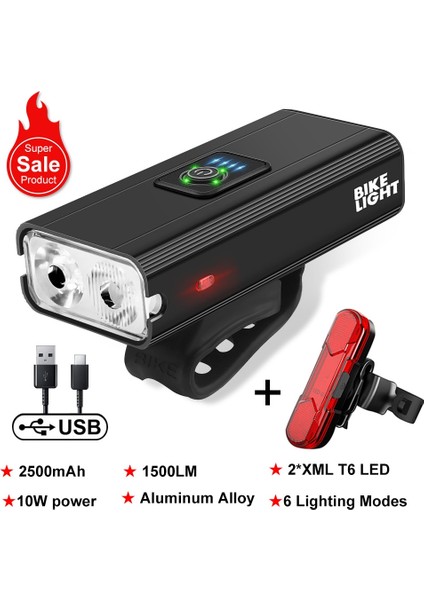 1200LM T6 Set Stili T6 LED Lümen Bisiklet Işık Ön Şarj Edilebilir Lamba Mtb Bisiklet Far Bisiklet Fener Bisiklet El Feneri Bisiklet Aksesuarları (Yurt Dışından)