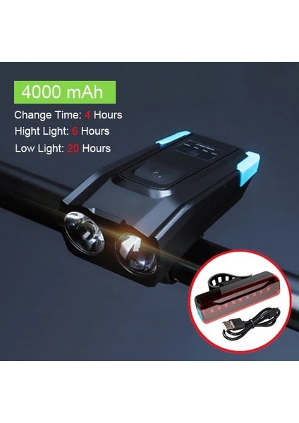 4000 Mavi Arka Lamba Stili Mah Akıllı Indüksiyon Bisiklet Ön Işık Kiti USB Şarj Edilebilir LED Arka Lambası ve Bisiklet Için Boynuzlu El Feneri ile Far (Yurt Dışından)