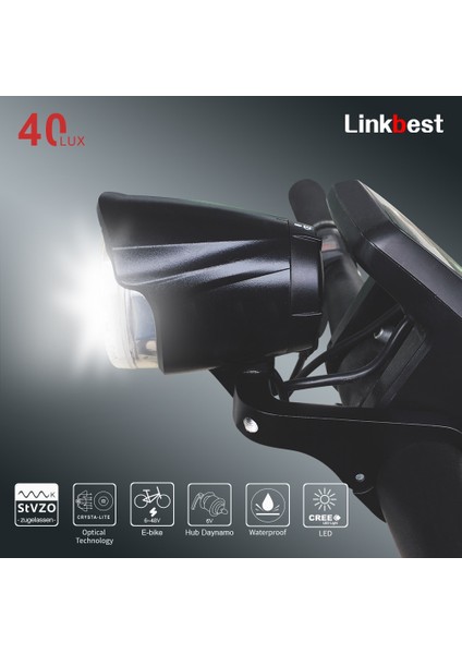 C1 Stili Linkbest Far LED Bisiklet Işık Ebike Işık Stvzo Onaylı Bisiklet Lambası Cree LED 40 Lux Su Geçirmez Ipx5 Hub Dinamo Escooter (Yurt Dışından)