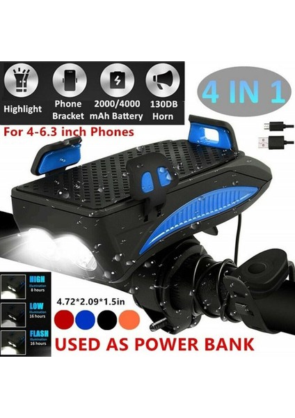 Kırmızı 2000 Tarzı Bisiklet Işık LED Bisiklet Ön Işık USB Şarj Edilebilir Güç Bankaları Bisiklete Binme Telefon Standı Korna Işlevli Mtb El Feneri (Yurt Dışından)