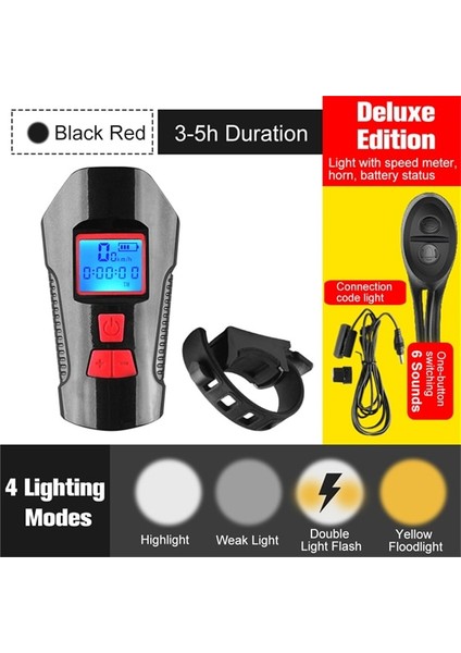 Deluxe Siyah-Kırmızı Tarzı Bisiklet Ön Işık El Feneri Bisiklet Kilometre Bilgisayarı ile LCD Bisiklet Işık USB Şarj Edilebilir Bisiklet Kafa Işık Korna Su Geçirmez (Yurt Dışından)