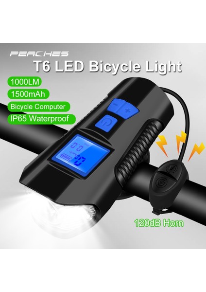 Pil Ekranı C Stili T6 LED Bisiklet Işık Ön 1000 Lümen USB Şarj Edilebilir Lamba Fener Elektrikli Bisiklet Kornası Bisiklet Bilgisayarı LCD Kilometre Kronometre (Yurt Dışından)