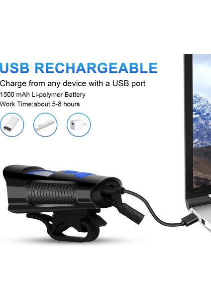 Pil Ekranı C Stili T6 LED Bisiklet Işık Ön 1000 Lümen USB Şarj Edilebilir Lamba Fener Elektrikli Bisiklet Kornası Bisiklet Bilgisayarı LCD Kilometre Kronometre (Yurt Dışından)