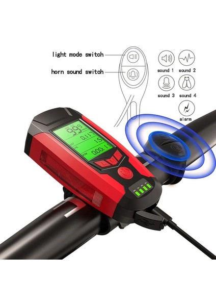 Çok Işlevli Kırmızı Stil USB Bisiklet El Feneri 5 LED Bisiklet Bilgisayarıhorn Bisiklet Ön Işık Ipx4 Su Geçirmez Far Kilometre Sayacı Bisiklet Aksesuarları (Yurt Dışından) modelleri