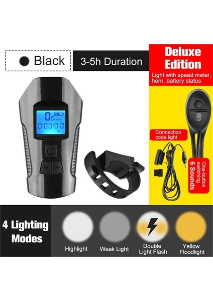 Deluxe Siyah Stil Bisiklet Ön Işık El Feneri Bisiklet Kilometre Bilgisayarı ile LCD Bisiklet Işık USB Şarj Edilebilir Bisiklet Kafa Işık Korna Su Geçirmez (Yurt Dışından)