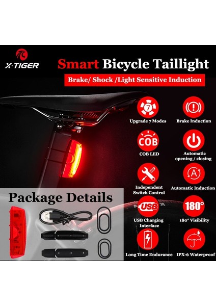 Mavi Stil X-Tiger Bisiklet Arka Işık Akıllı Otomatik Startstop Fren Algılama Bisiklet Işığı Ipx6 Su Geçirmez USB Şarj LED Işık Bisiklet Arka Lambası (Yurt Dışından)