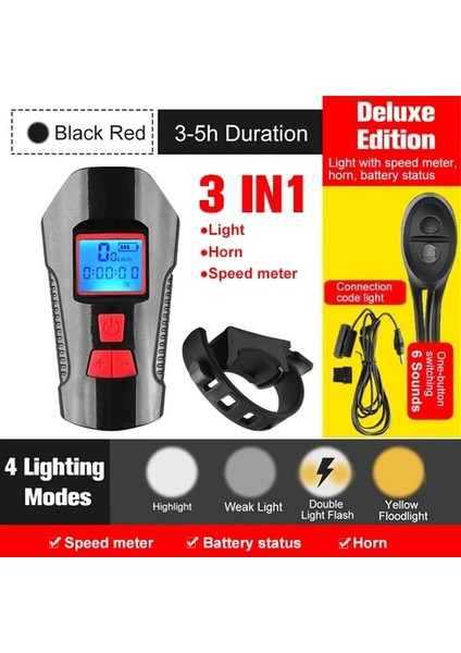 Deluxe Siyah Kırmızı Tarzı Bisiklet Bilgisayarı ile Bisiklet Işık Döngüsü Kilometre Boynuz USB Şarj Edilebilir Bisiklet Far Bisiklet Için Su Geçirmez El Feneri Torch (Yurt Dışından)