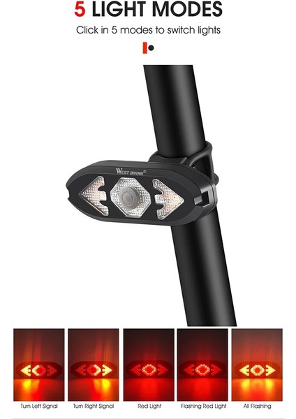 Akıllı Bisiklet Işığı Kablosuz Uzaktan Kumanda Bisiklete Binme Sinyal Arka Lambası Su Geçirmez USB Şarj Edilebilir Bisiklet Arka LED Işık (Yurt Dışından)
